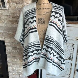 Kayla’s Armoire eyelash wrap open front poncho sweater side slit black cream